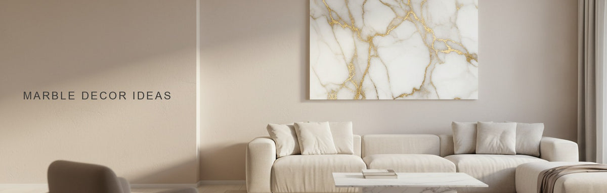 Marble decor in a living room: a white marble coffee table with a tray beneath a white and gold marble abstract canvas