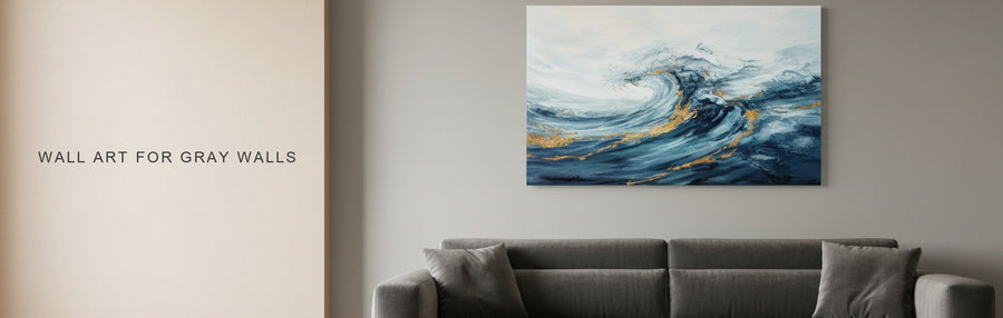 Wall art for gray walls in a living room with soft greige paint and a charcoal sofa: a blue and gold abstract seascape canvas