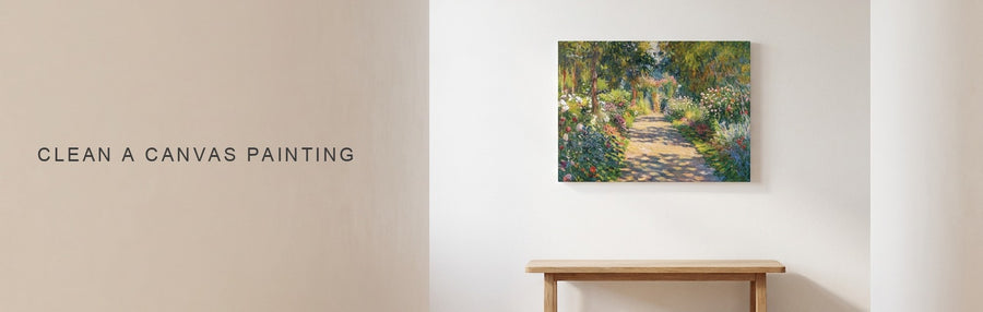 How to clean a canvas painting: an impressionist garden path canvas on a clean white hallway wall above a narrow bench