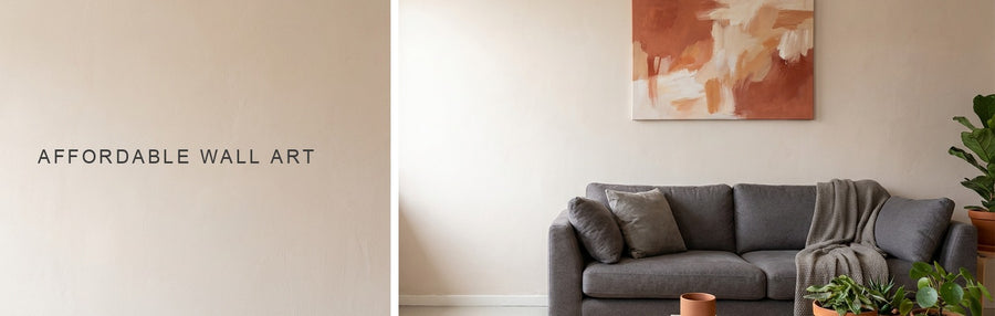 Affordable wall art in a small apartment living room: a warm terracotta and cream abstract canvas above a gray sofa