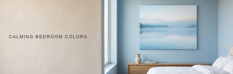 Calming colors for bedroom walls: soft blue walls and white bedding with a pale blue misty lake canvas above the bed