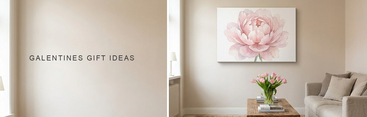 Galentines gift ideas in a bright apartment living room: a soft pink peony watercolor canvas with pink tulips on a coffee table