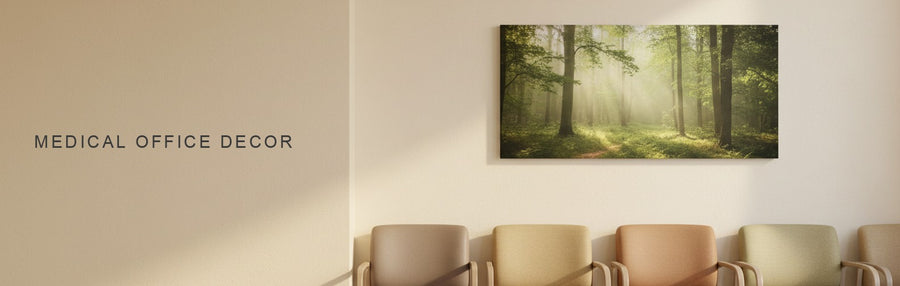 Medical office decor in a calm clinic waiting room with upholstered chairs and a soft green forest canvas in morning light