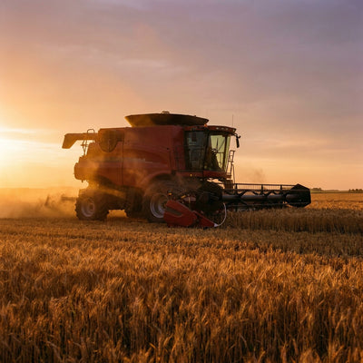 Agriculture wall art, a combine harvester cutting a golden wheat field at sunset