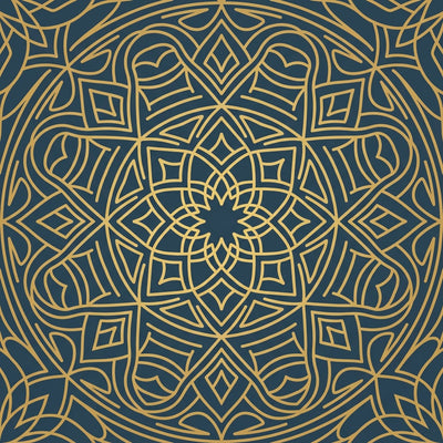 Islamic calligraphy wall art, a gold circular medallion of fine geometric line work with no lettering
