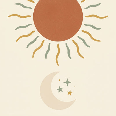 Sun and moon wall art, a boho illustration of a terracotta sun with rays above a crescent moon and small stars