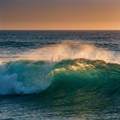 Ocean wall art, a turquoise wave cresting at golden hour with low sun glowing through the water