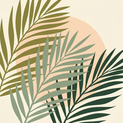Palm leaf wall decor, palm fronds crossing a large peach circle in a flat modern illustration