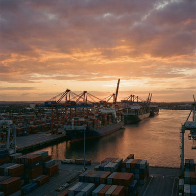 Port wall art, a working port at sunset with container ships at the quay