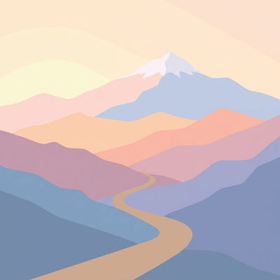 Quotes wall art, a pastel illustration of layered mountain ridges under a sunrise sky with a path winding toward the summit