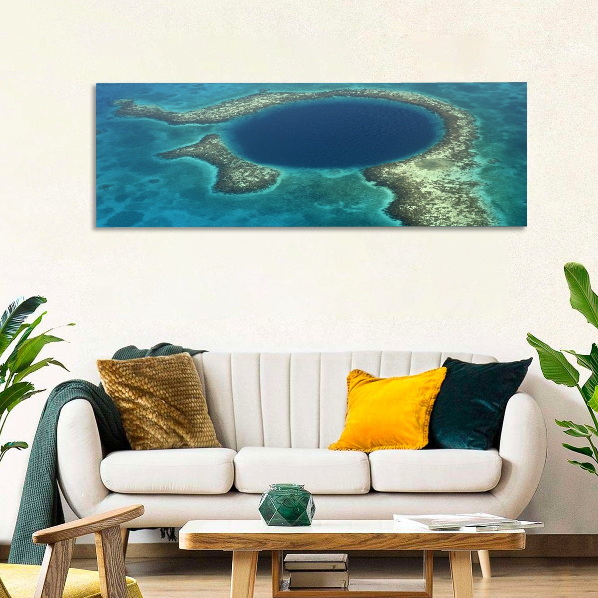 Great Blue Hole Aerial View Belize Wall Art in a room, panoramic