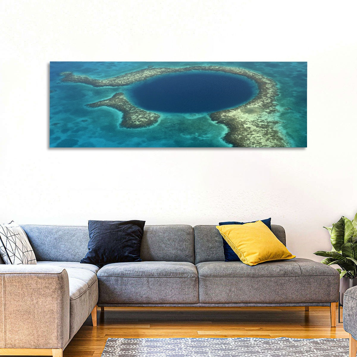 Great Blue Hole Aerial View Belize Wall Art in a room, panoramic