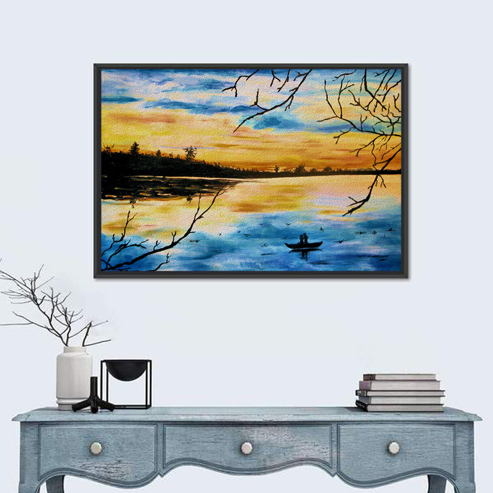 Lovers in a Boat at Sunset Wall Art in a room, landscape