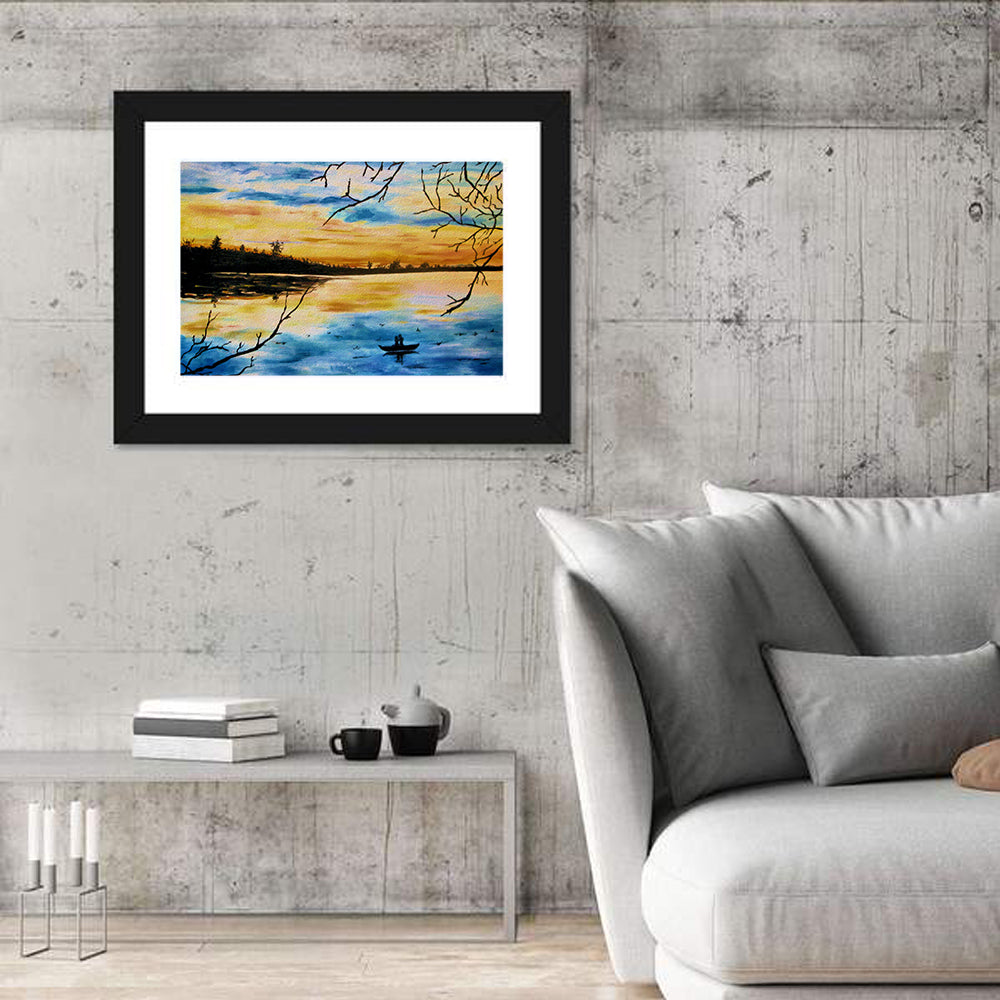 Lovers in a Boat at Sunset Wall Art in a room, landscape