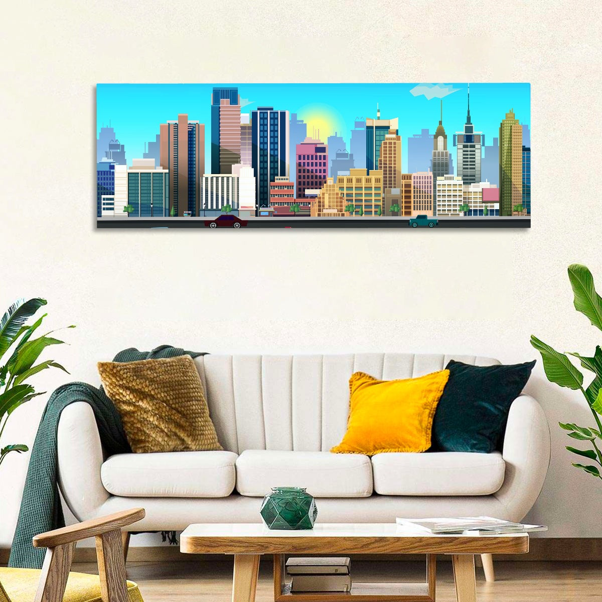 Geometric City Skyline with Sun Flare Wall Art in a room, panoramic