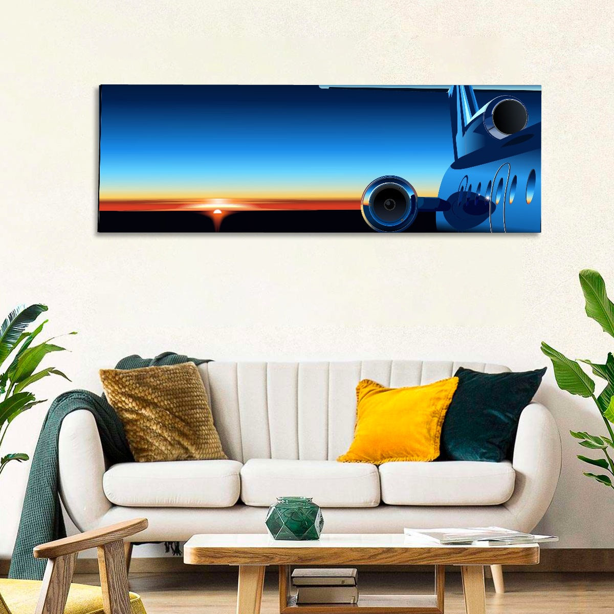 Private Jet Sunrise Wall Art in a room, panoramic