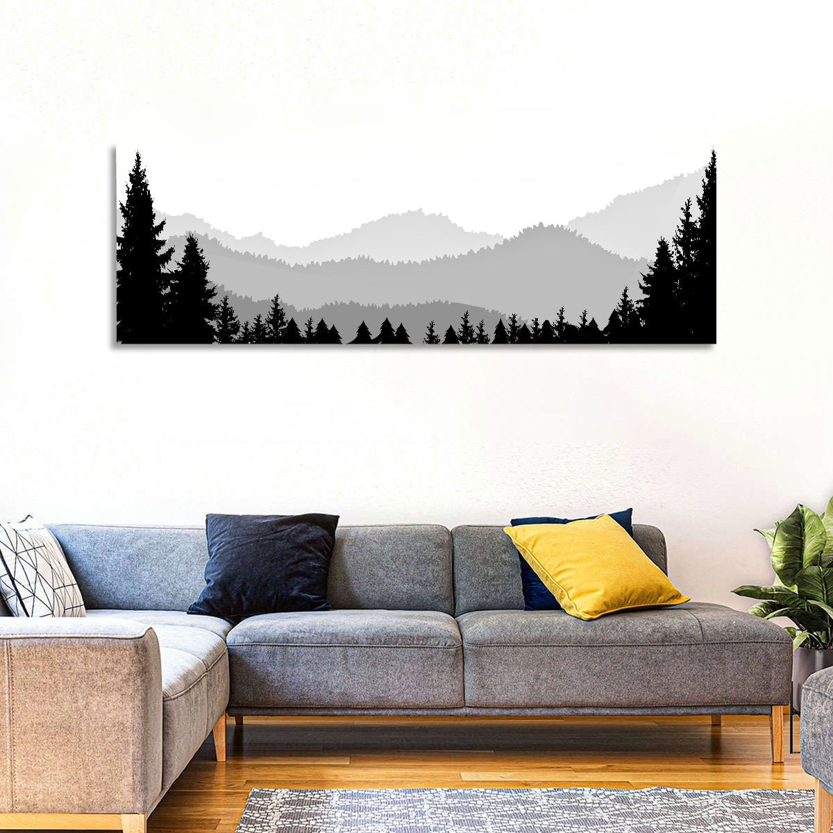 Foggy Mountain Silhouettes Wall Art in a room, panoramic