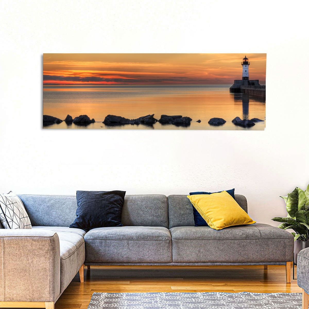 Duluth North Pier Lighthouse Sunset Wall Art in a room, panoramic