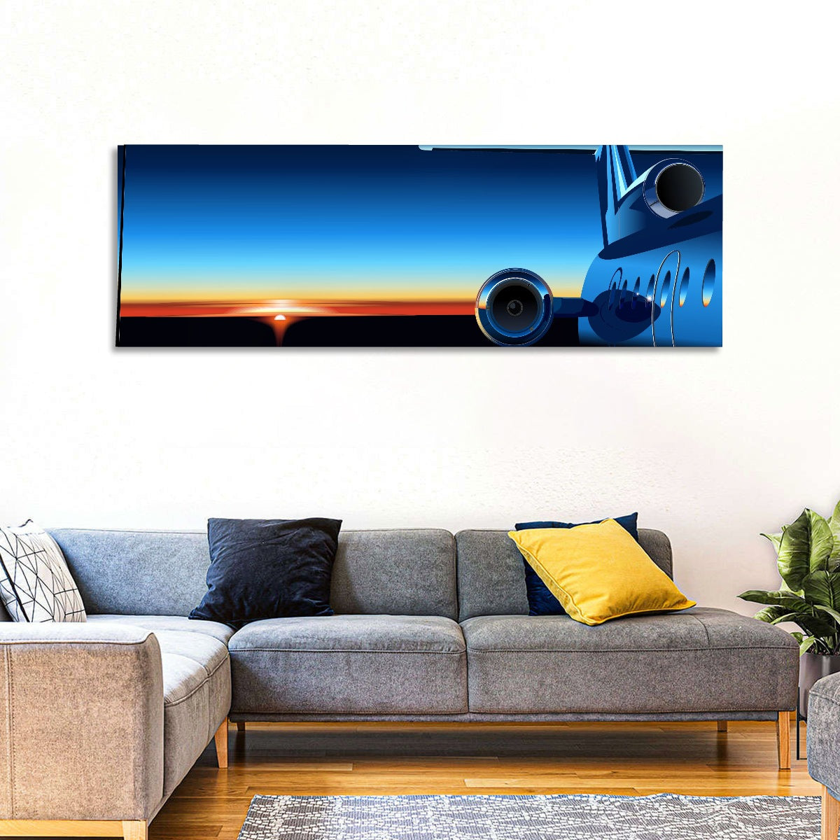 Private Jet Sunrise Wall Art in a room, panoramic