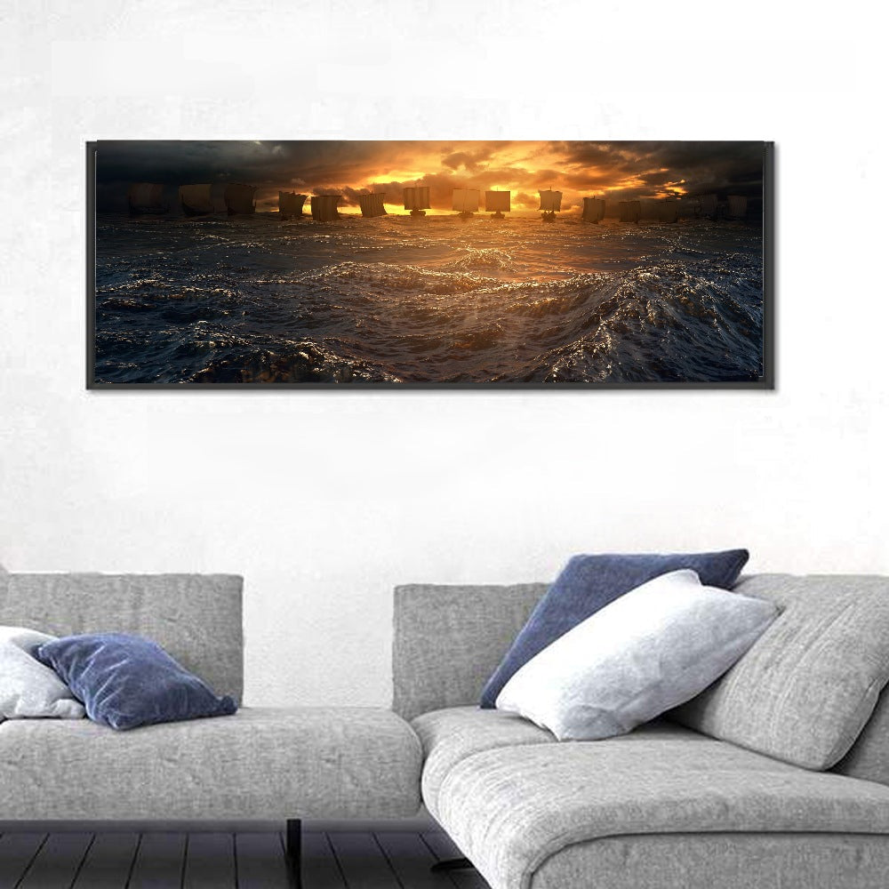 Viking Longships at Sunset Wall Art in a room, panoramic