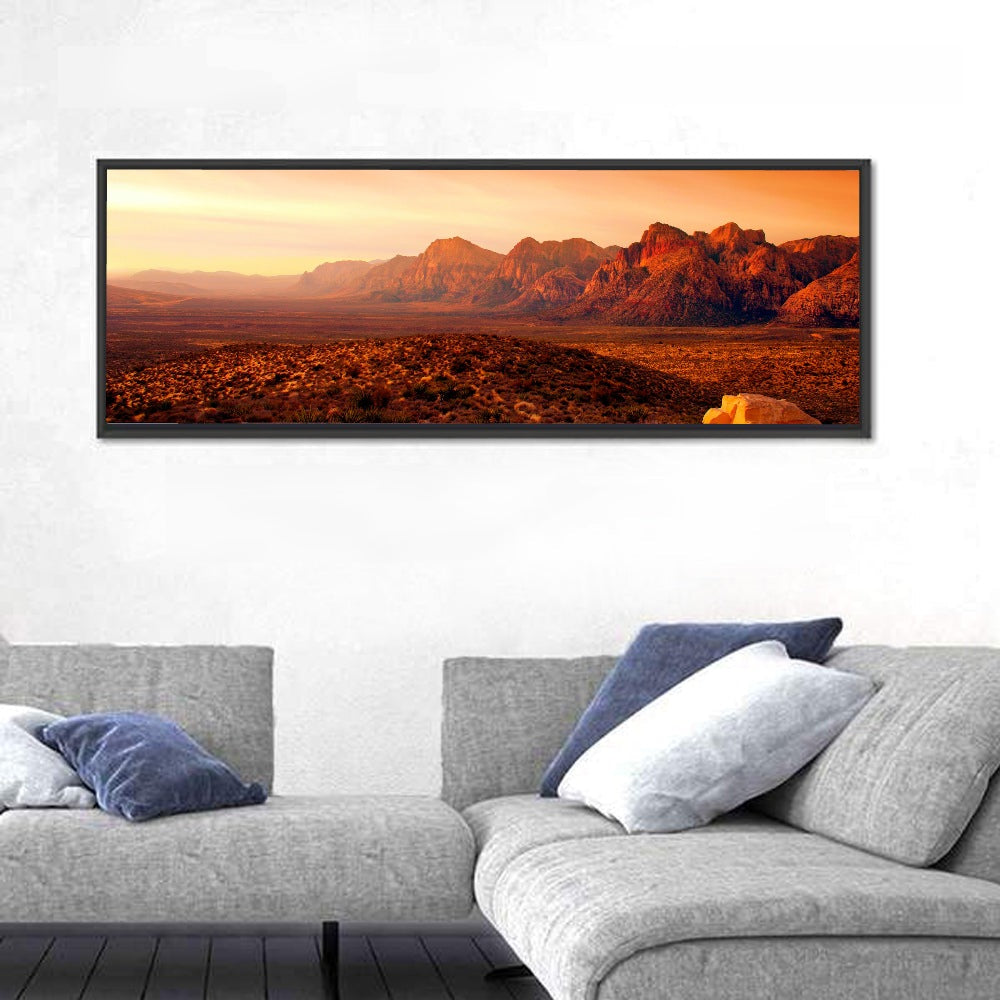 Red Rock Canyon Sunset Wall Art in a room, panoramic
