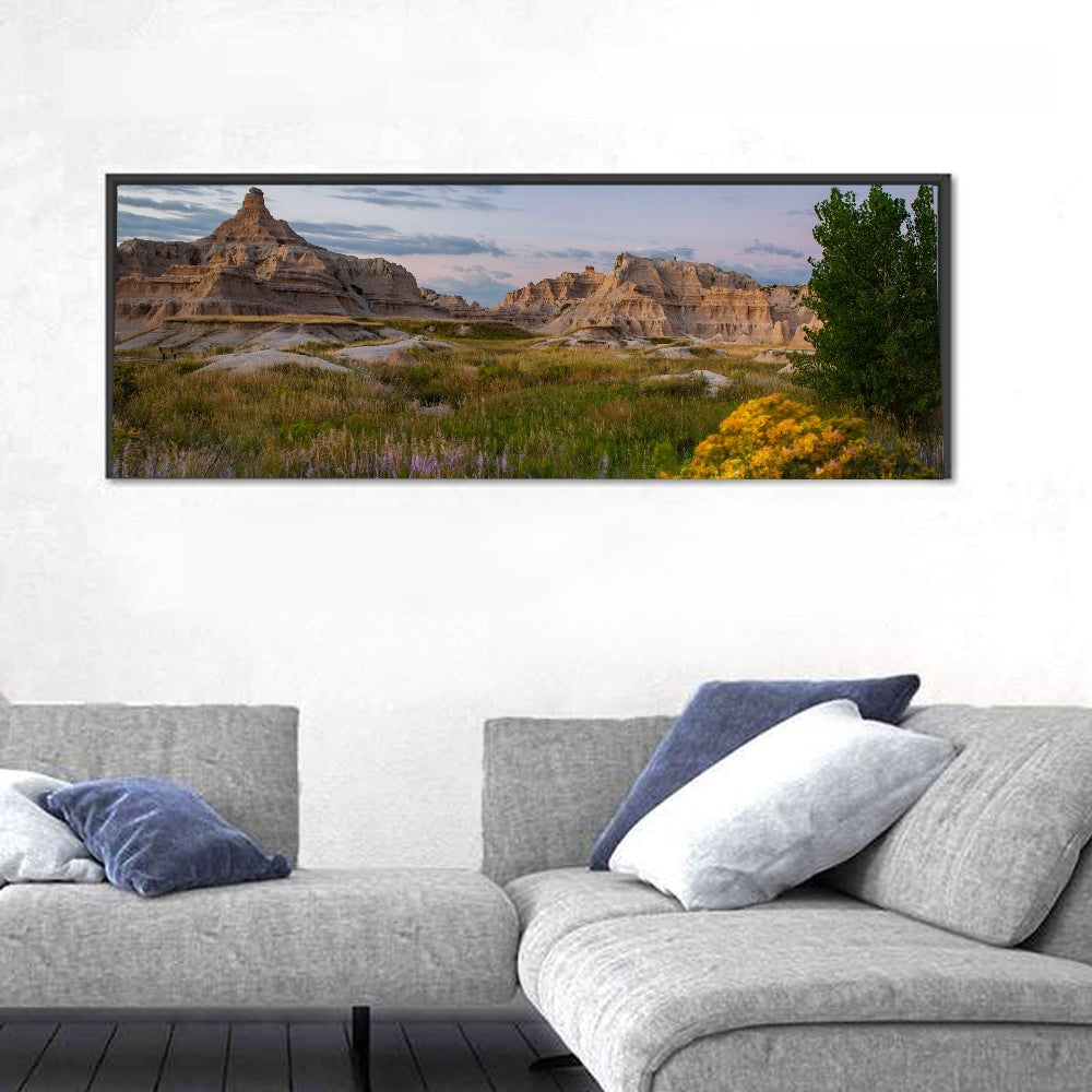 Badlands Golden Hour Meadow Wall Art in a room, panoramic