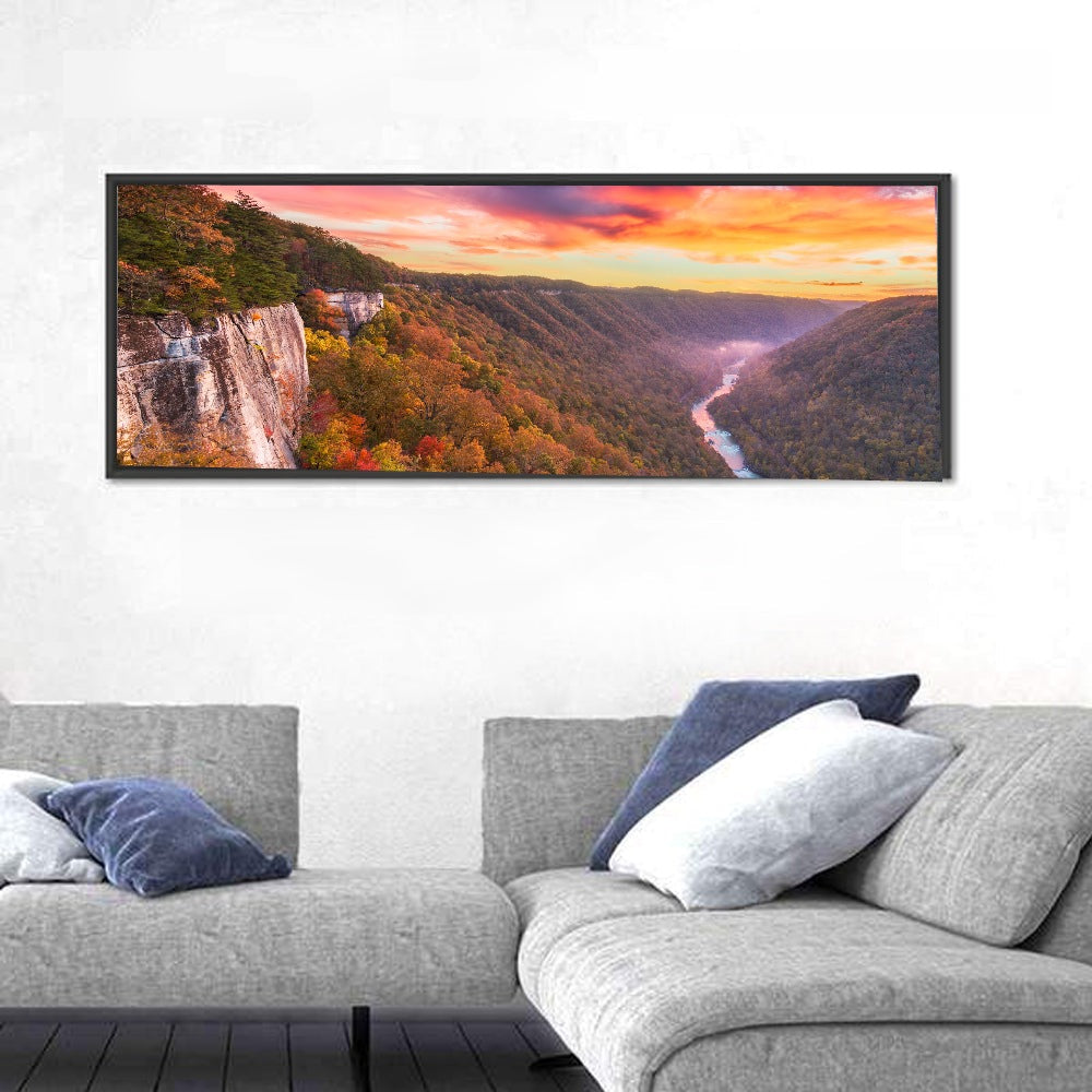 New River Gorge Sunset Wall Art in a room, panoramic