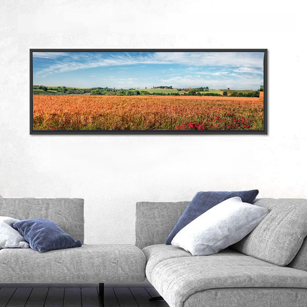 Golden Wheat Field with Poppies Wall Art in a room, panoramic