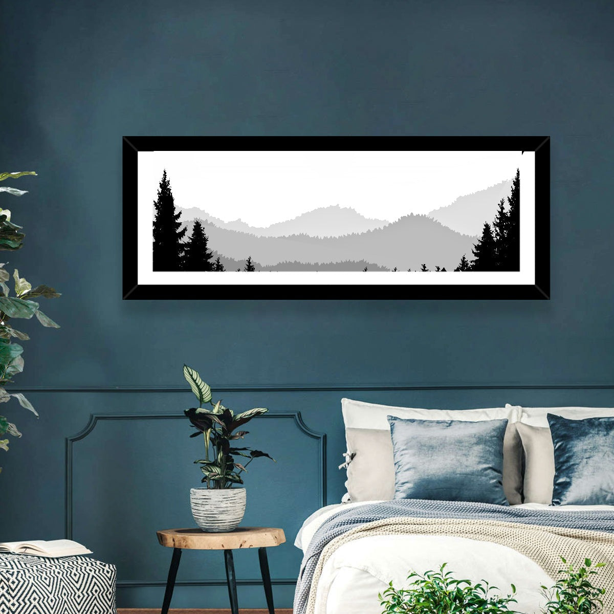 Foggy Mountain Silhouettes Wall Art in a room, panoramic