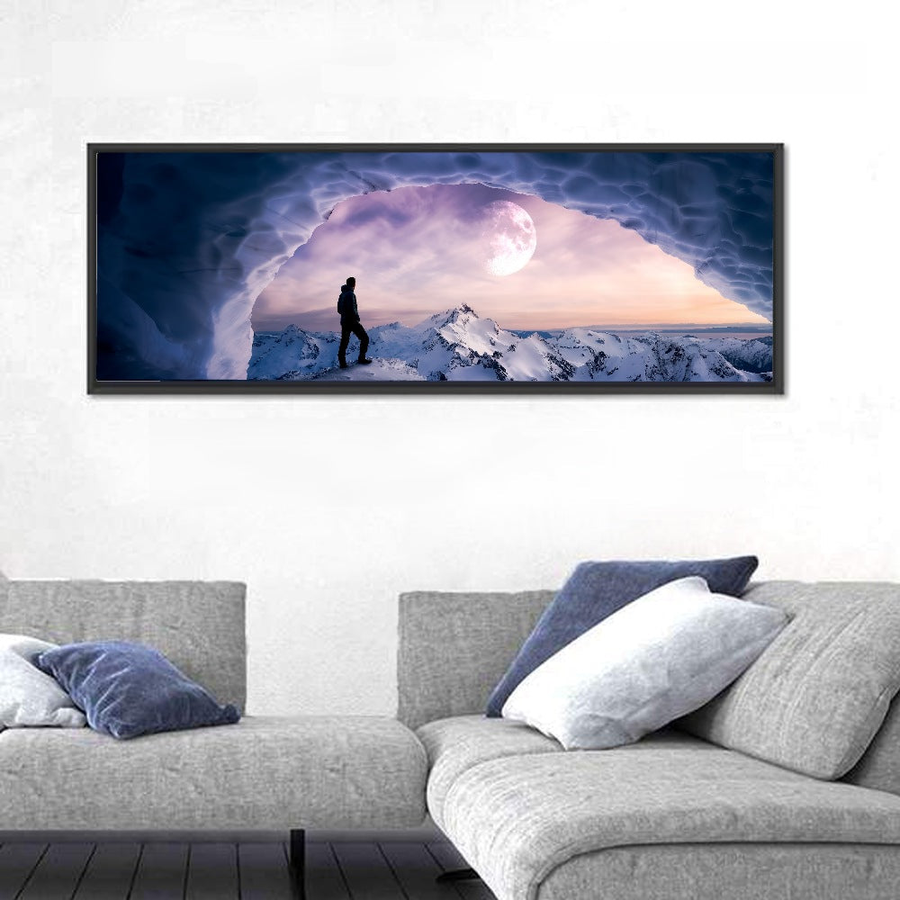 Moonlit Ice Cave Hiker Wall Art in a room, panoramic
