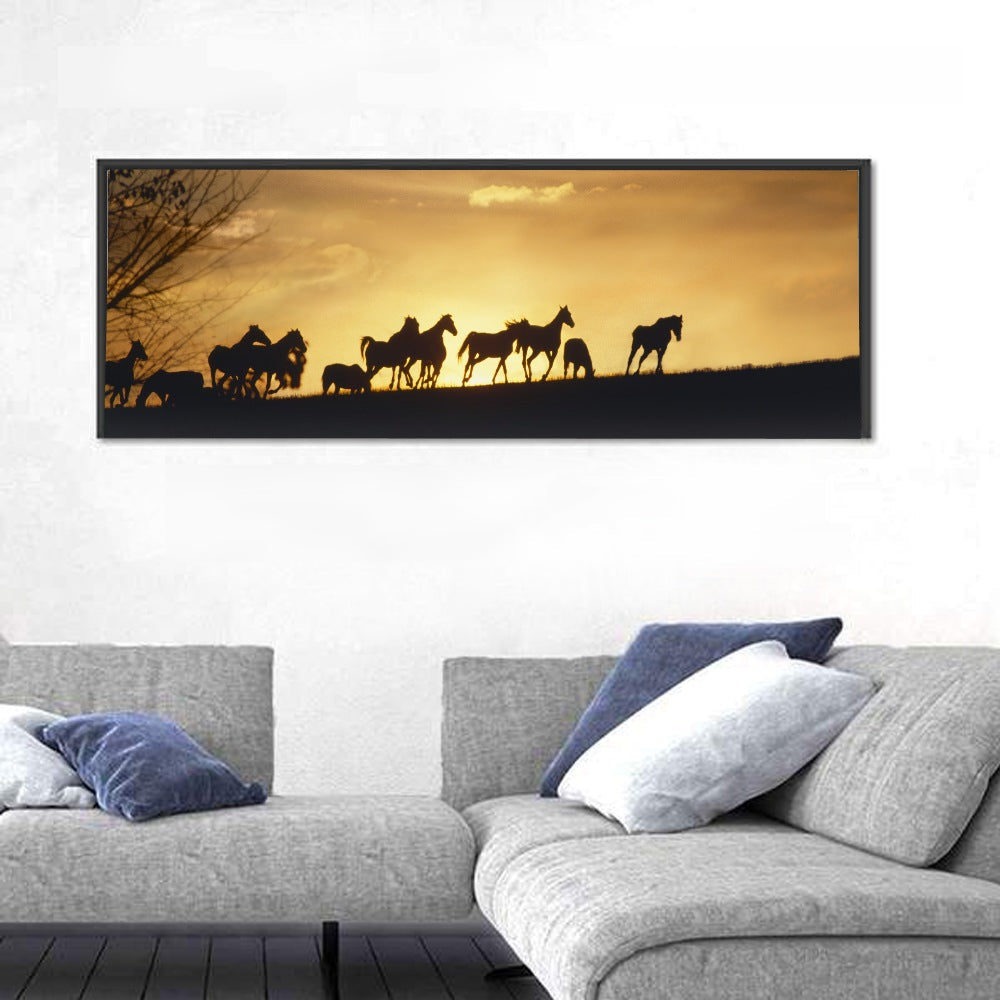 Mustang Silhouettes at Sunset Wall Art in a room, panoramic