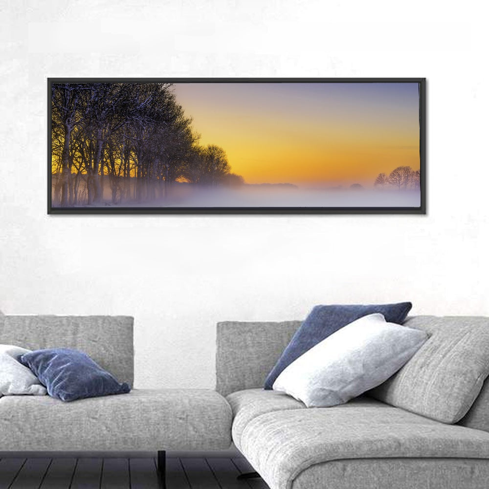 Winter Fog at Sunset Wall Art in a room, panoramic