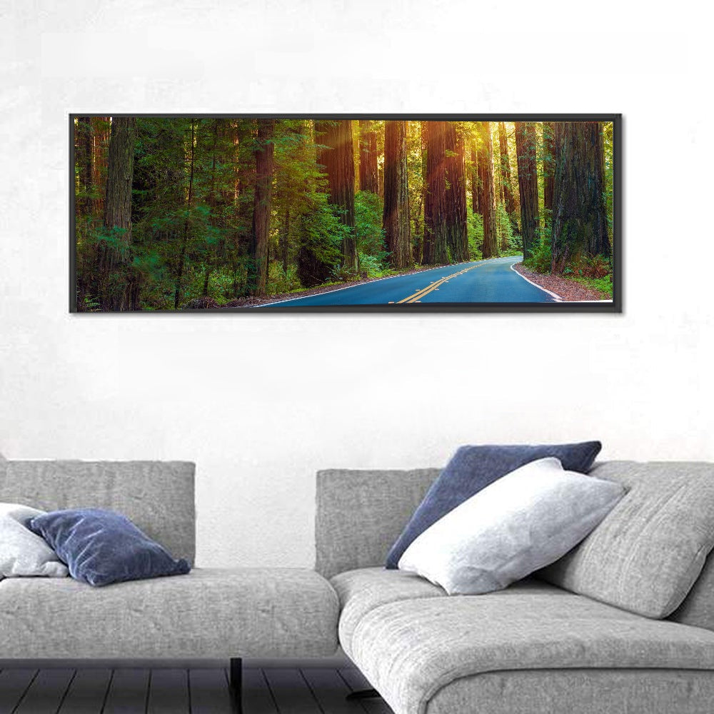 Sunlit Redwood Highway Wall Art in a room, panoramic