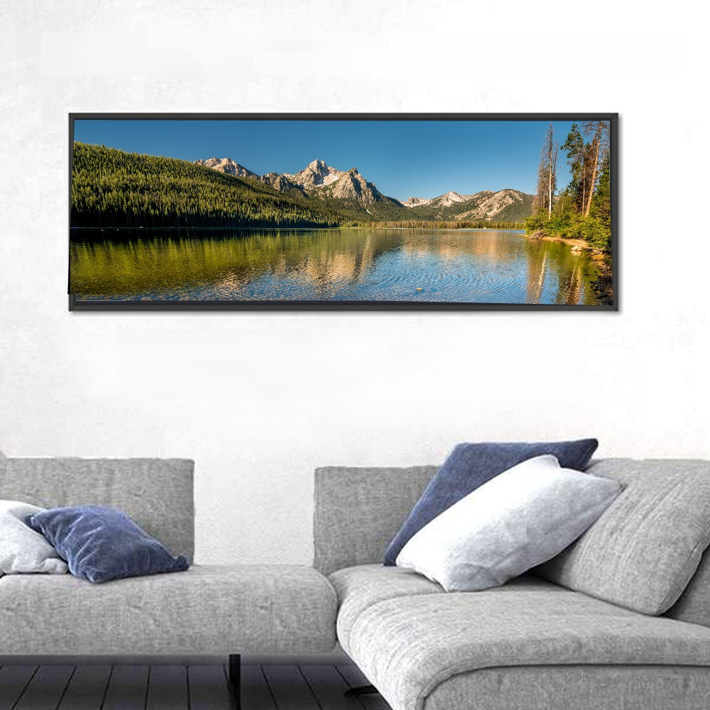 Morning Light at Stanley Lake Wall Art in a room, panoramic