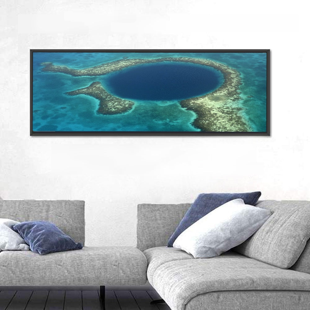 Great Blue Hole Aerial View Belize Wall Art in a room, panoramic