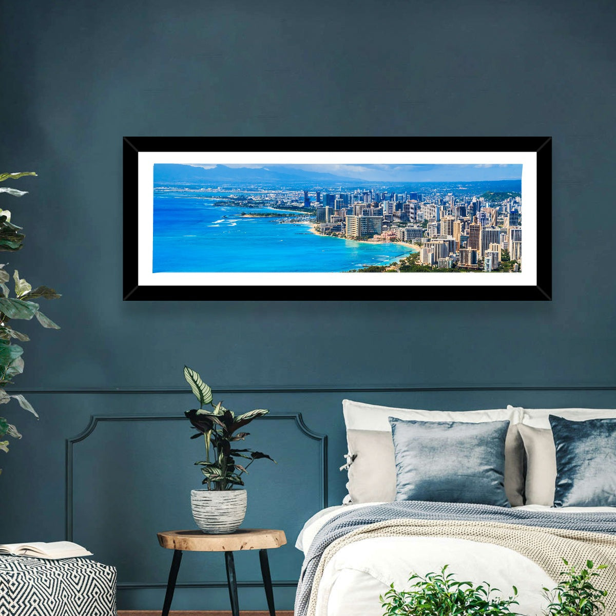 Honolulu Skyline Wall Art in a room, panoramic