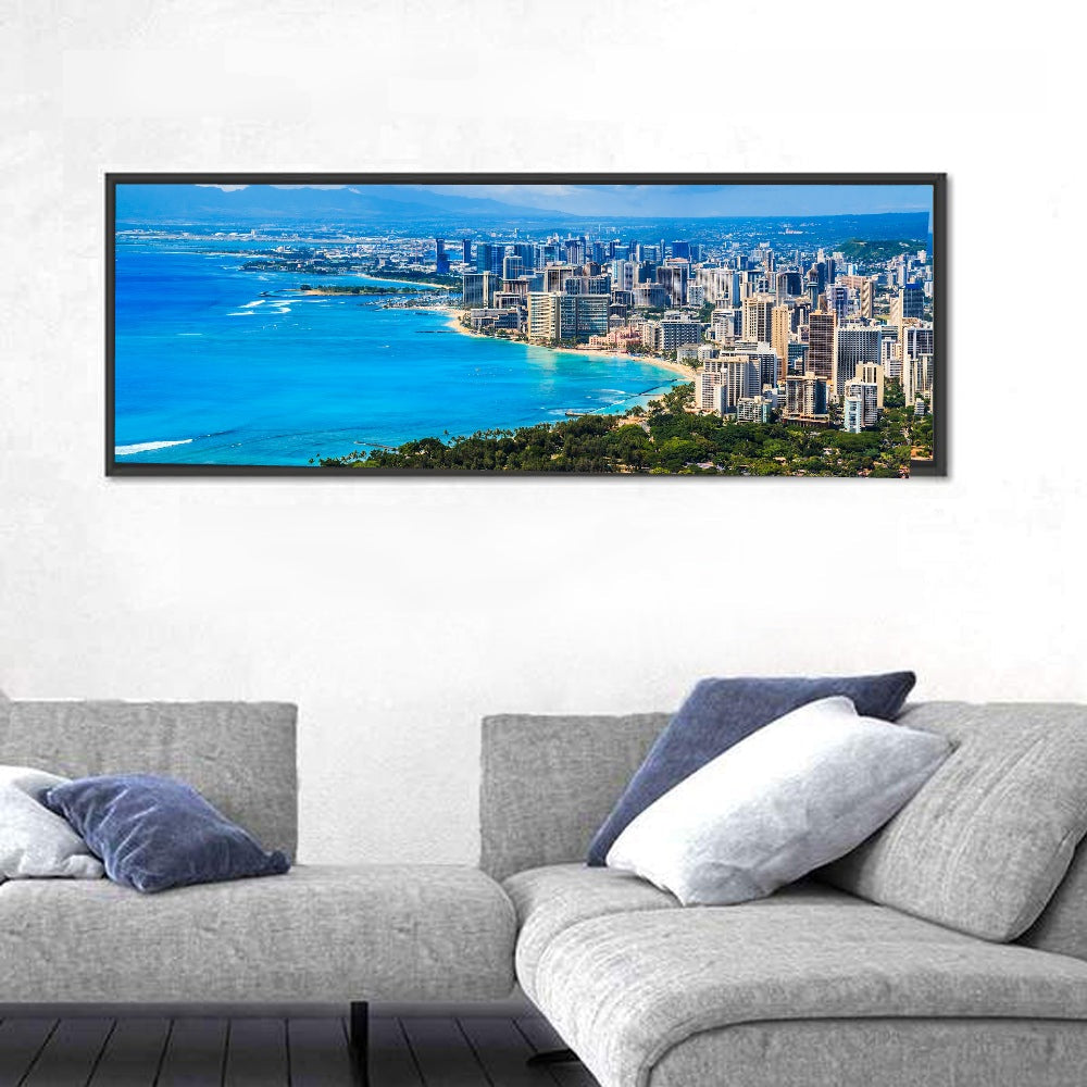Honolulu Skyline Wall Art in a room, panoramic