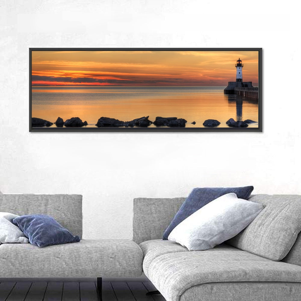 Duluth North Pier Lighthouse Sunset Wall Art in a room, panoramic