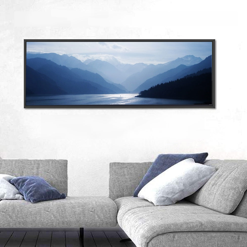 Xinjiang Lakeshore Serenity Wall Art in a room, panoramic
