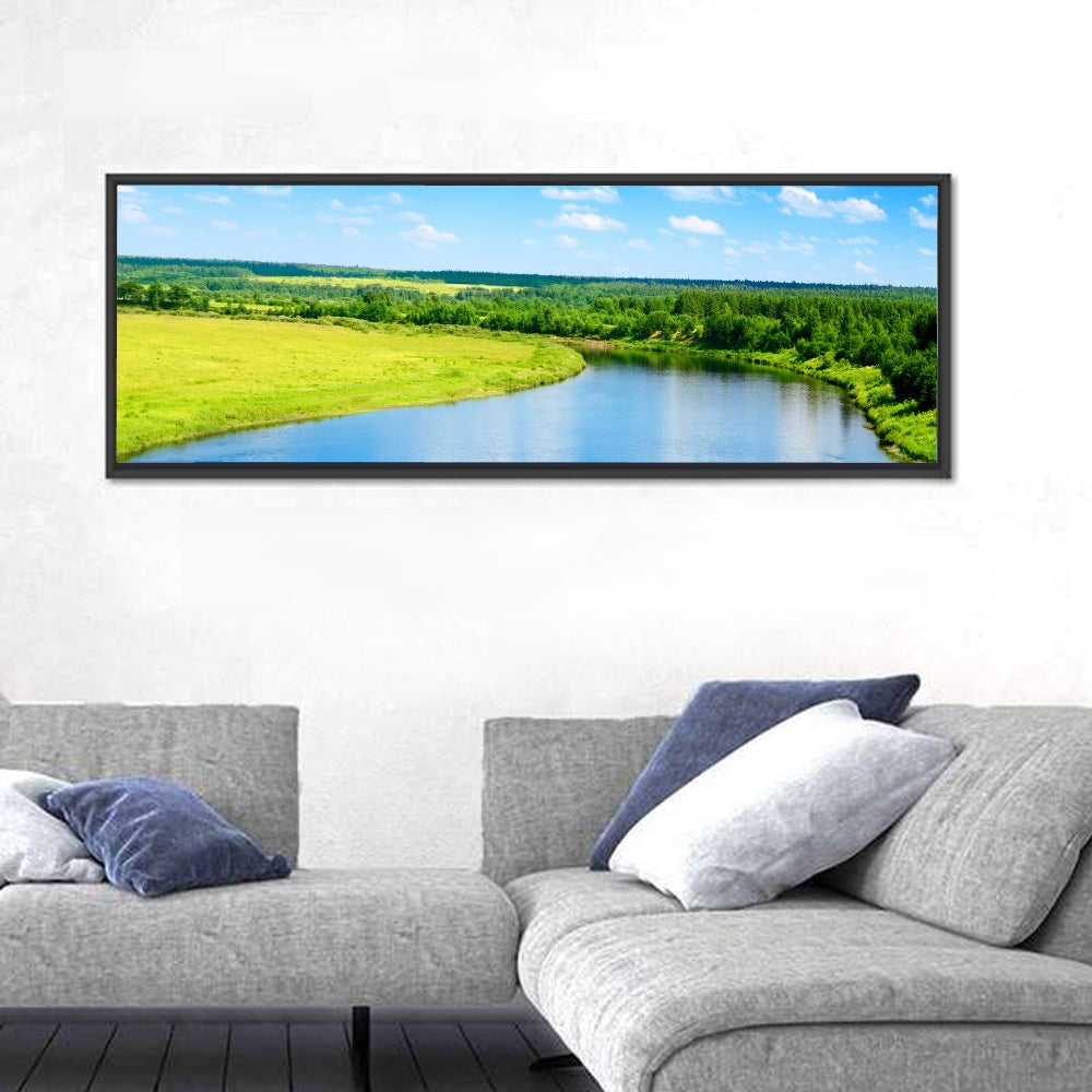 Blue River Meadow Wall Art in a room, panoramic