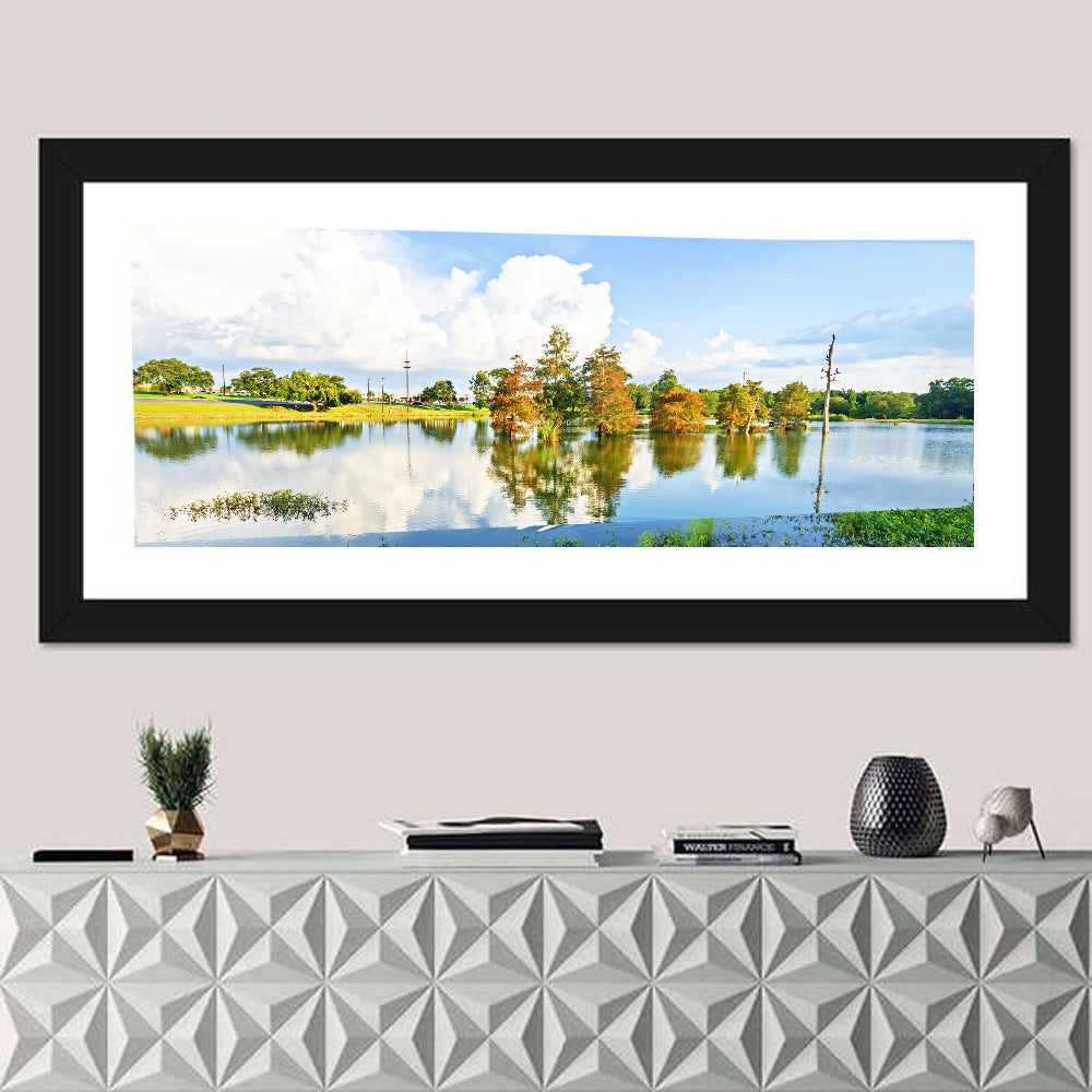 Lafayette Bayou Reflection Wall Art in a room, panoramic