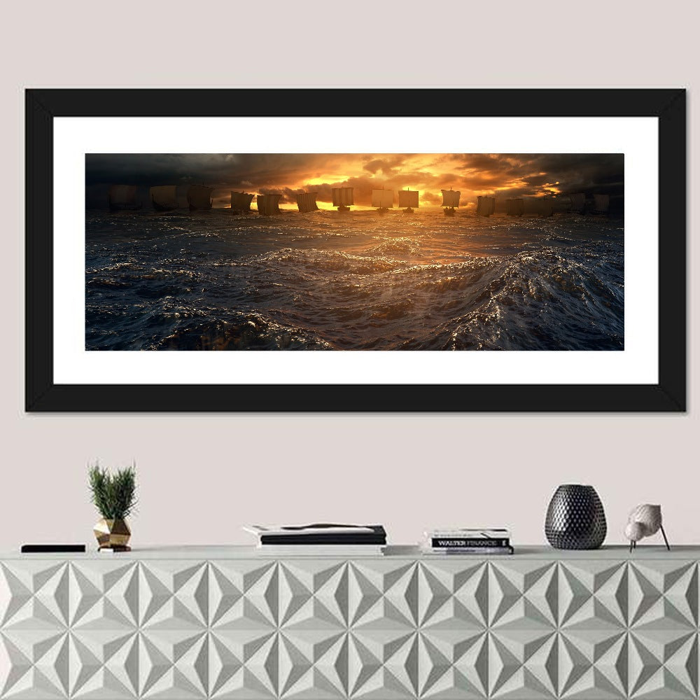 Viking Longships at Sunset Wall Art in a room, panoramic