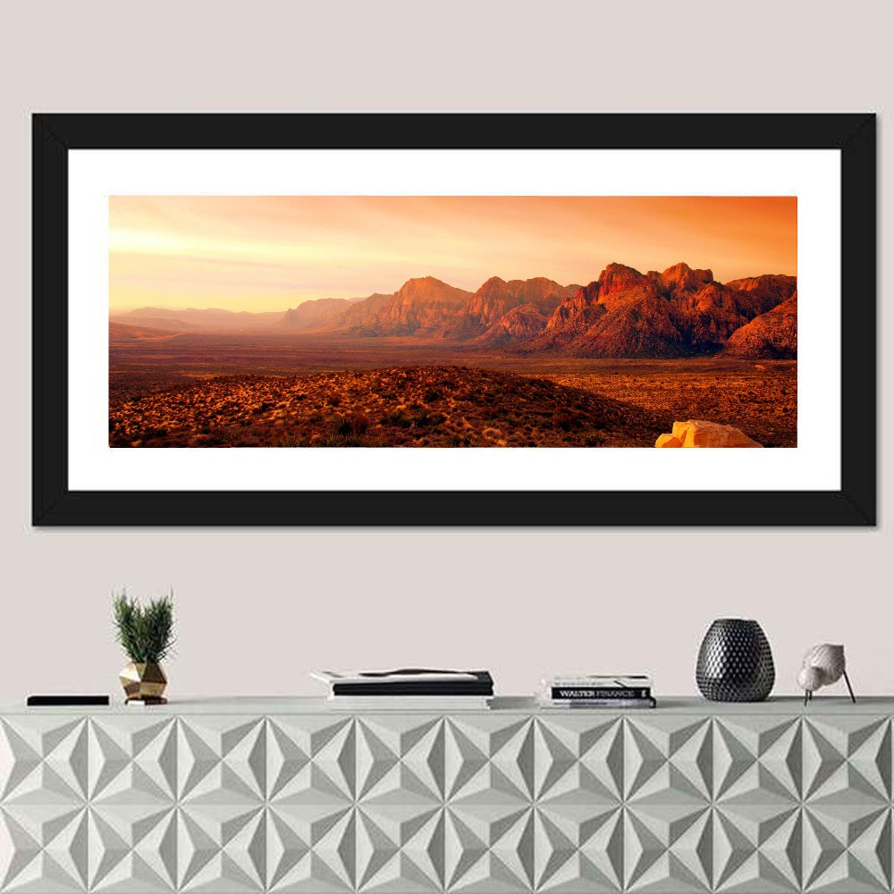 Red Rock Canyon Sunset Wall Art in a room, panoramic