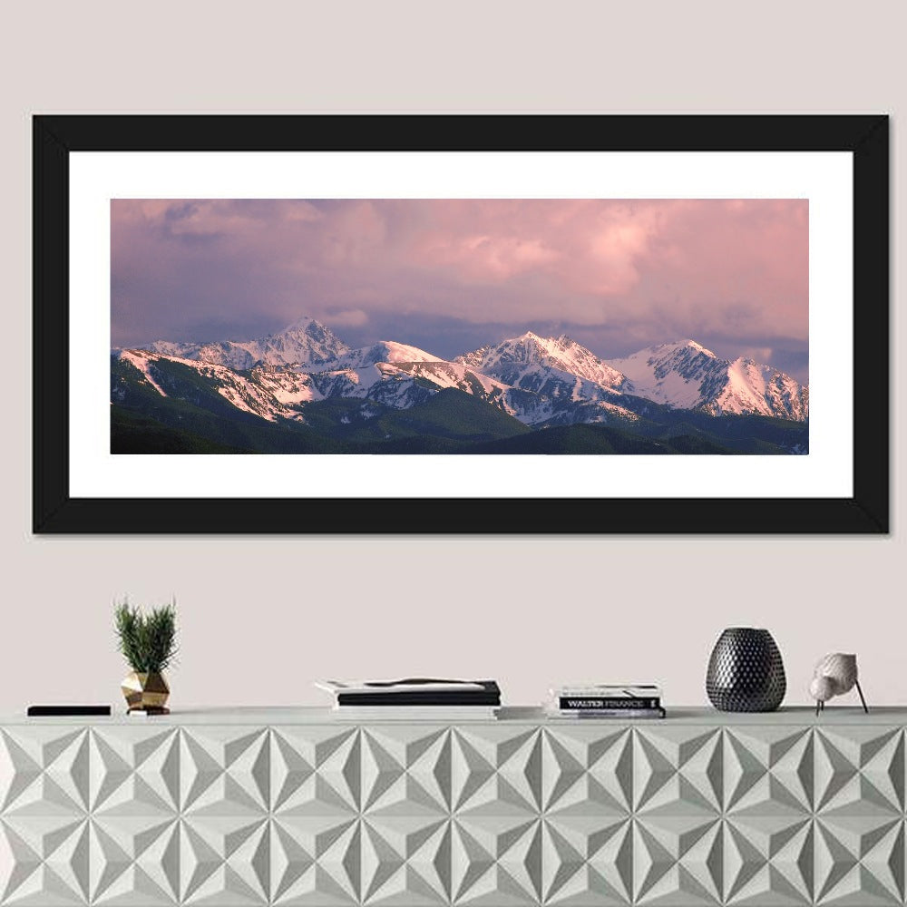 Spanish Peaks Alpenglow Montana Wall Art in a room, panoramic