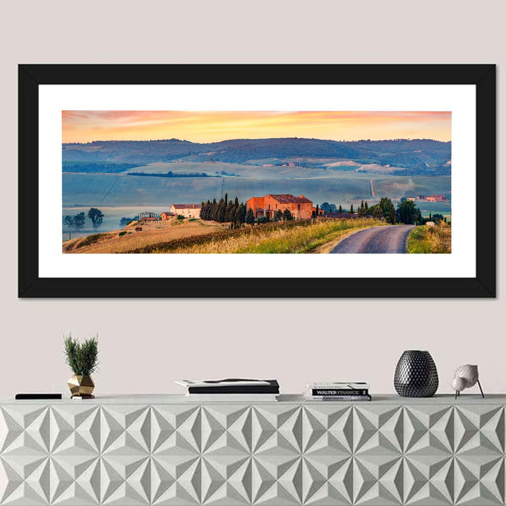 Tuscan Country Road Wall Art in a room, panoramic