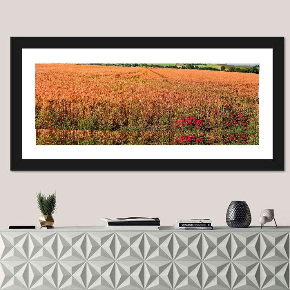 Golden Wheat Field with Poppies Wall Art in a room, panoramic