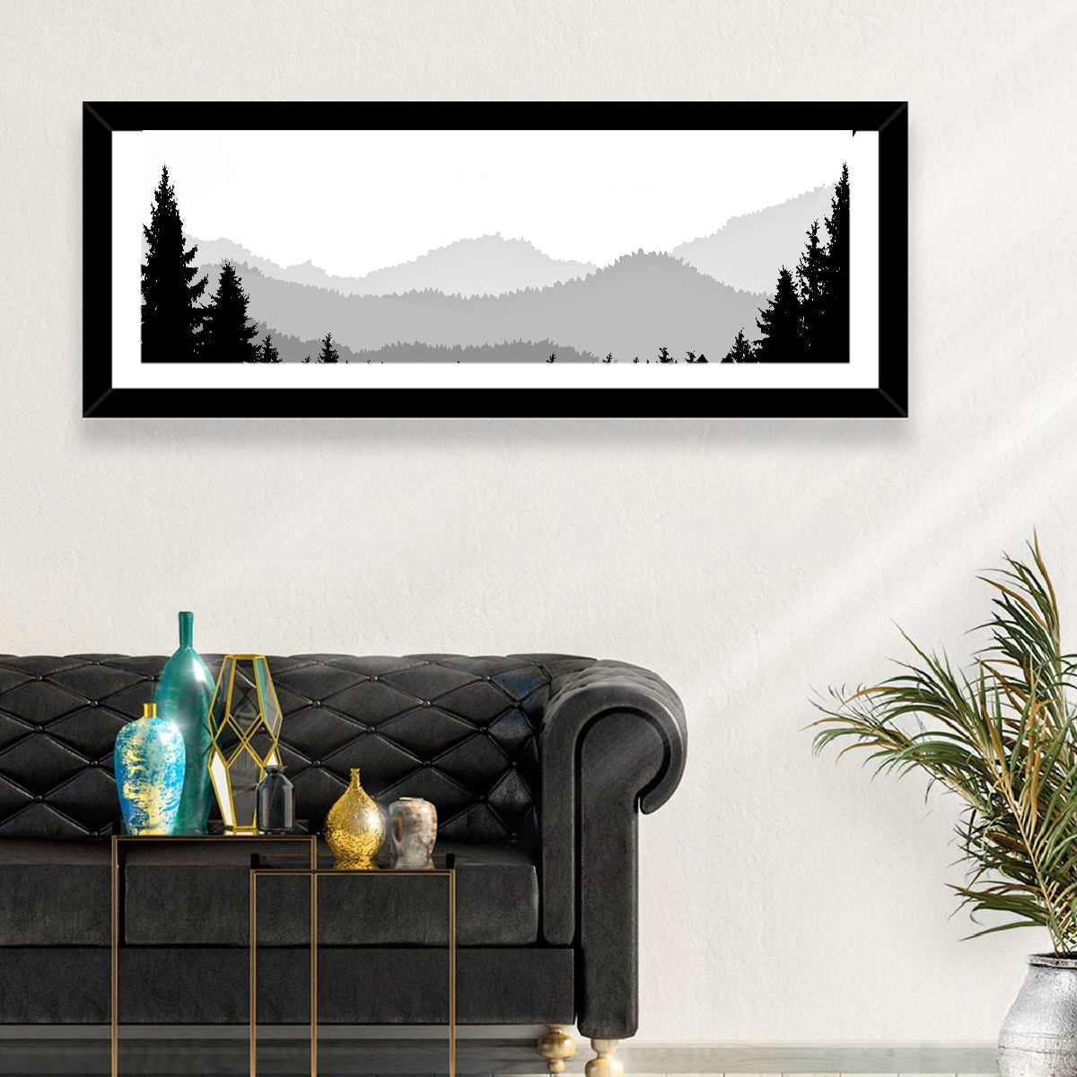 Foggy Mountain Silhouettes Wall Art in a room, panoramic