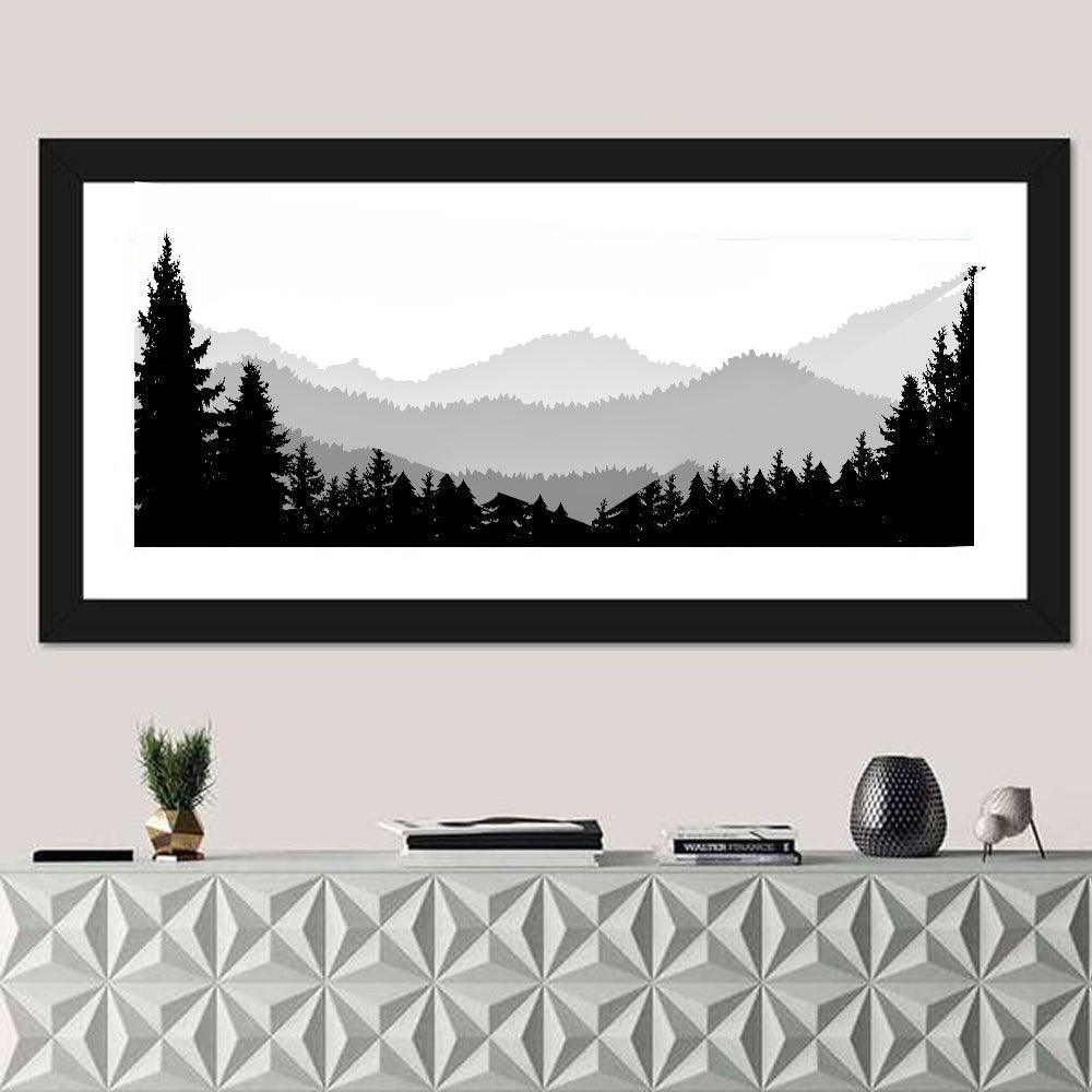 Foggy Mountain Silhouettes Wall Art in a room, panoramic