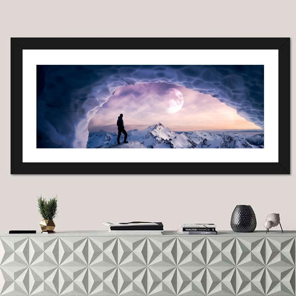 Moonlit Ice Cave Hiker Wall Art in a room, panoramic