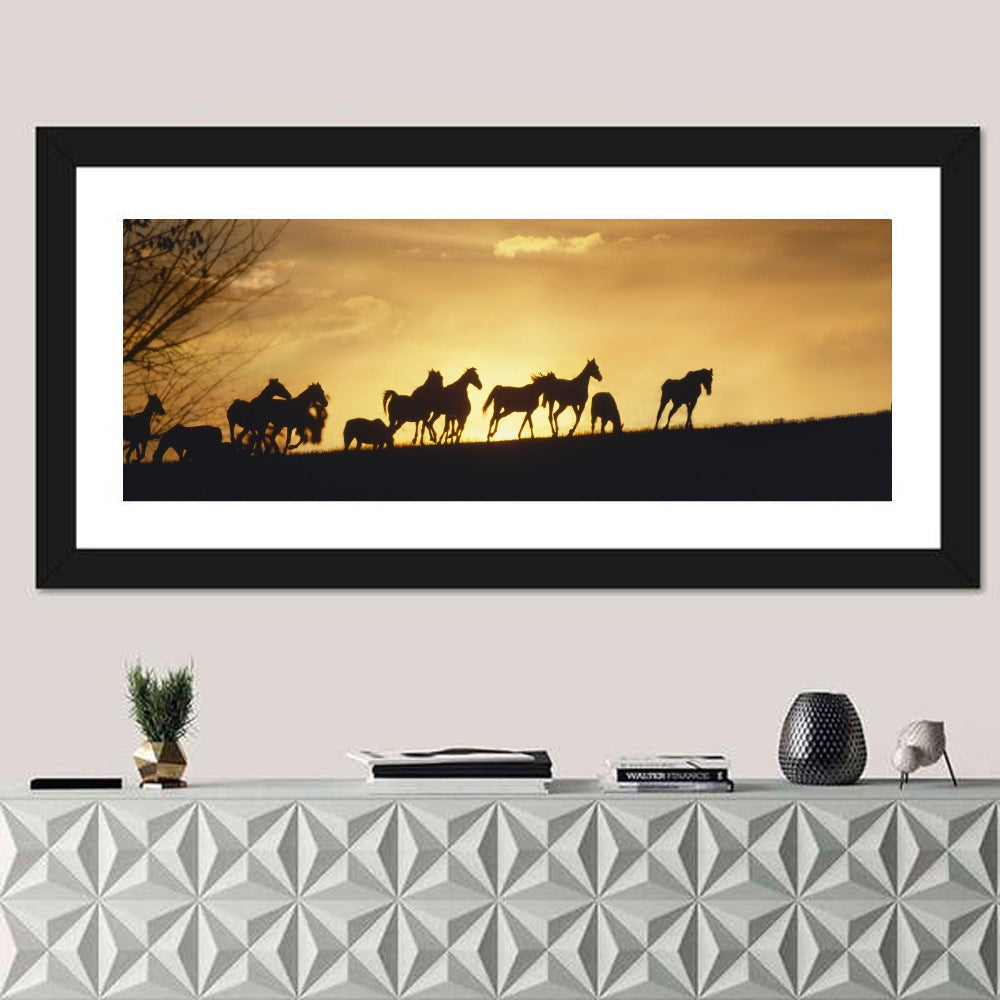Mustang Silhouettes at Sunset Wall Art in a room, panoramic